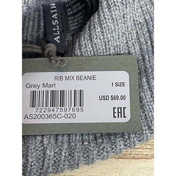 Allsaints Rib Mix Beanie In Grey Marl Unisex New - Picture 4 of 4